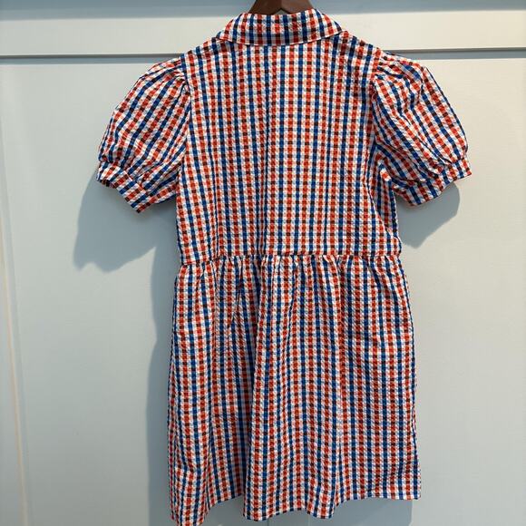Plaid Gingham Shirt Dress Women Medium Red Blue Puff Sleeve Game Day Button Down - Picture 5 of 13
